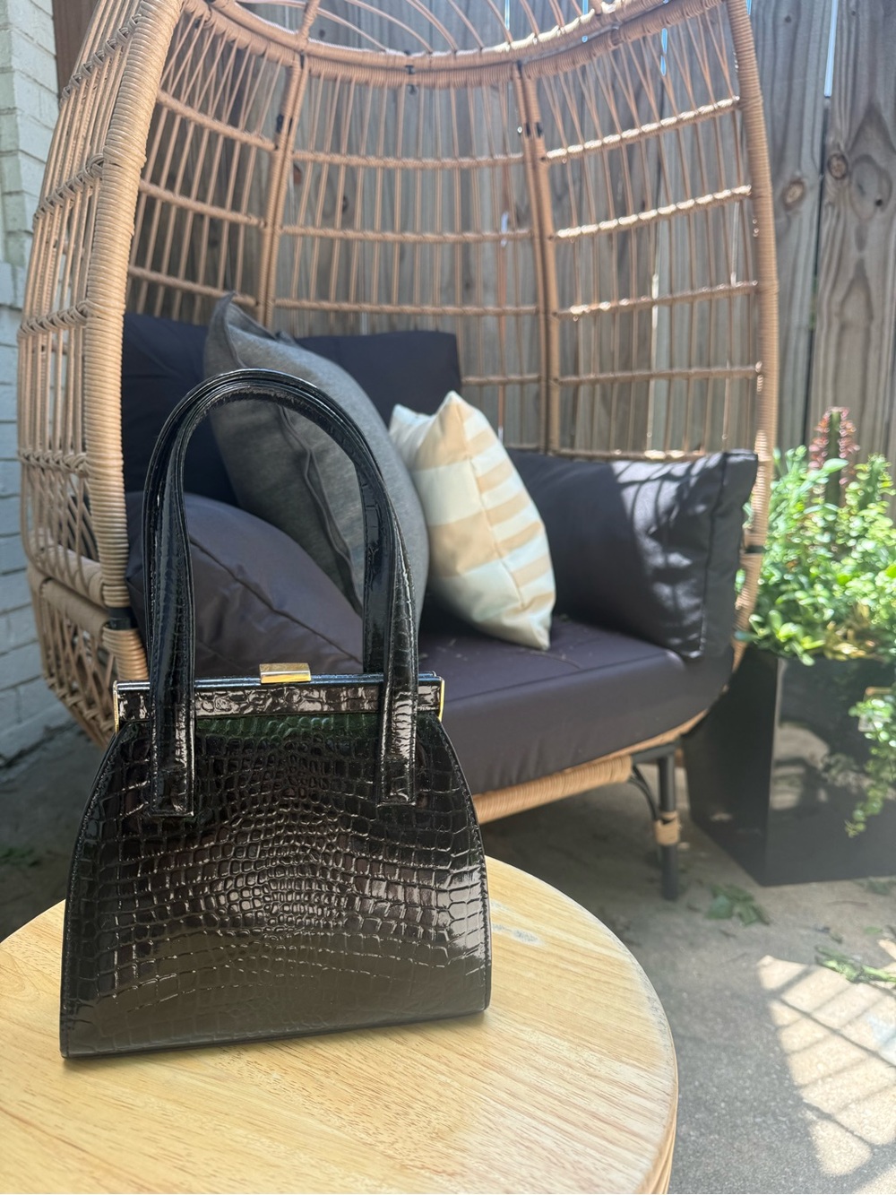 Classic Black Croc-Embossed Structured Handbag